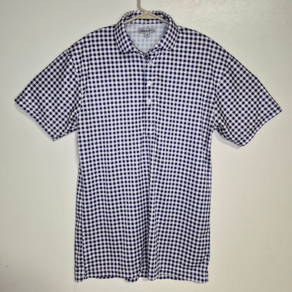 Collars & Co Polo Med Blue Gingham Check Dress Collar Performance Stretch Preppy - Picture 2 of 6